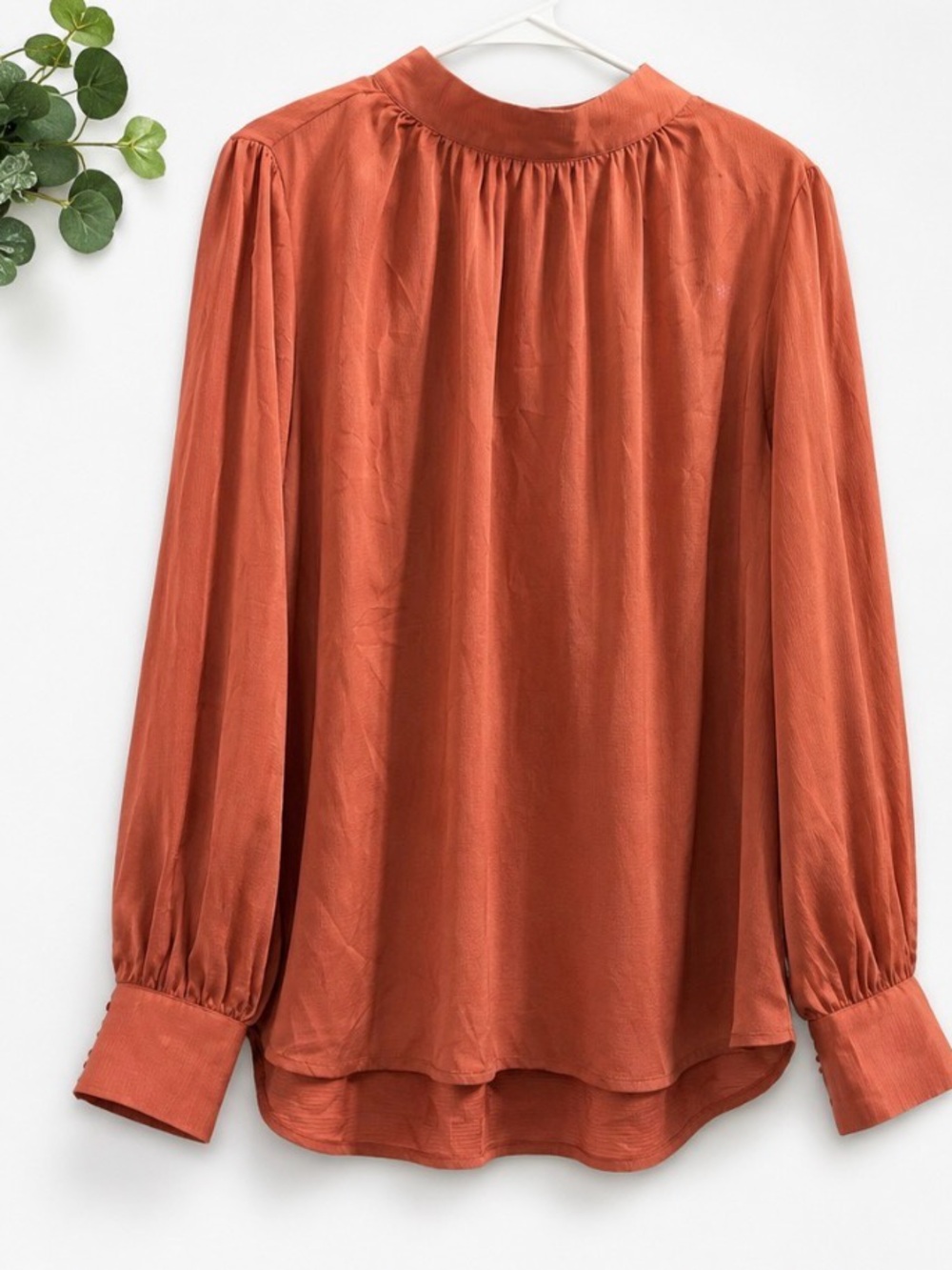 H&M Burnt Orange Gathered-Neck Long Sleeve Blouse